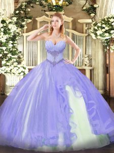 Custom Designed Lavender Lace Up Sweetheart Beading and Ruffles Quinceanera Dresses Tulle Sleeveless