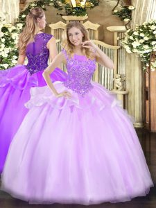 Delicate Floor Length Zipper Quinceanera Gown Lilac for Military Ball and Sweet 16 and Quinceanera with Beading