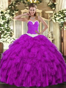 Sweetheart Sleeveless Ball Gown Prom Dress Floor Length Appliques and Ruffles Purple Organza
