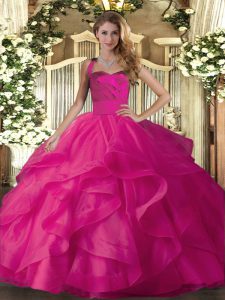 Romantic Floor Length Hot Pink Sweet 16 Quinceanera Dress Halter Top Sleeveless Lace Up
