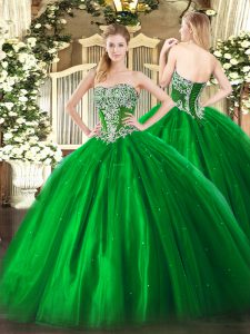 Beautiful Green Lace Up Strapless Beading Vestidos de Quinceanera Tulle Sleeveless