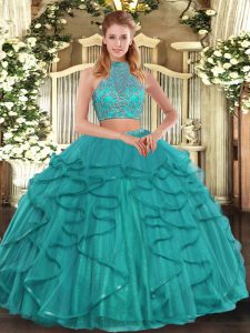 Adorable Turquoise Two Pieces Beading and Ruffled Layers 15 Quinceanera Dress Criss Cross Tulle Sleeveless Floor Length
