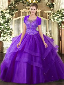 Purple Sleeveless Floor Length Beading and Ruffles Clasp Handle Ball Gown Prom Dress