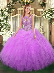 Fantastic Tulle Scoop Sleeveless Lace Up Beading and Ruffles Ball Gown Prom Dress in Lilac