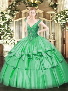 Nice V-neck Sleeveless Lace Up Sweet 16 Quinceanera Dress Green Organza and Taffeta