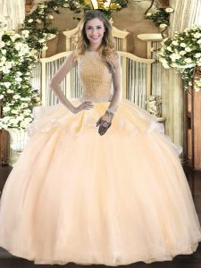 Delicate Peach Ball Gowns Beading Quinceanera Gowns Lace Up Organza Sleeveless Floor Length
