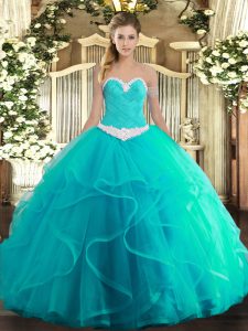 Tulle Sweetheart Sleeveless Lace Up Appliques and Ruffles Quinceanera Gowns in Turquoise