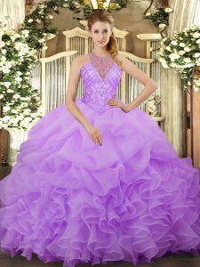 Top Selling Lavender Quinceanera Gown Military Ball and Sweet 16 and Quinceanera with Beading and Ruffles and Pick Ups Halter Top Sleeveless Lace Up