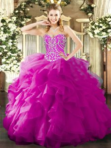 Glamorous Fuchsia Ball Gowns Organza Sweetheart Sleeveless Beading and Ruffles Floor Length Lace Up Sweet 16 Quinceanera Dress
