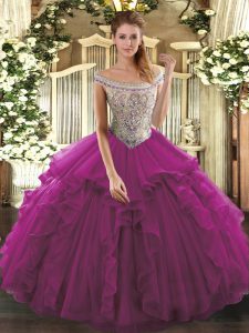 Superior Fuchsia Organza Lace Up Quince Ball Gowns Sleeveless Floor Length Beading and Ruffles