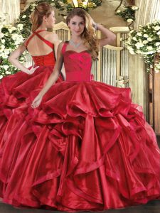 Stunning Wine Red Halter Top Neckline Ruffles Quinceanera Gown Sleeveless Lace Up
