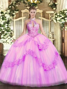 Ball Gowns 15th Birthday Dress Lilac Halter Top Organza Sleeveless Floor Length Lace Up