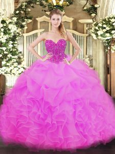 Fitting Fuchsia Ball Gowns Beading and Ruffles 15th Birthday Dress Lace Up Organza Sleeveless Floor Length