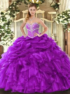 Elegant Purple Sweetheart Neckline Beading and Ruffles and Pick Ups Quinceanera Dress Sleeveless Lace Up