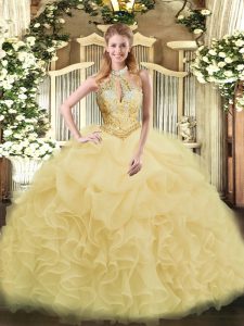 Pretty Champagne Organza Lace Up Halter Top Sleeveless Floor Length Sweet 16 Dresses Beading and Ruffles