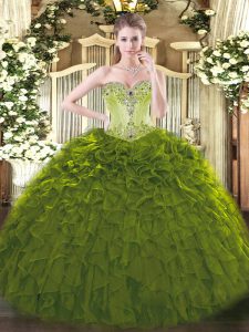 High End Sweetheart Sleeveless Quinceanera Gown Floor Length Beading and Ruffles Olive Green Organza
