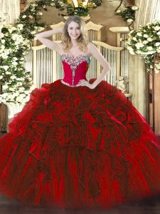 Floor Length Wine Red Sweet 16 Quinceanera Dress Organza Sleeveless Beading and Ruffles