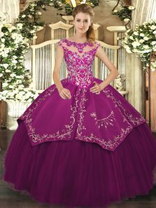Romantic Purple Ball Gowns Satin and Tulle Scoop Cap Sleeves Beading and Embroidery Floor Length Lace Up 15 Quinceanera Dress