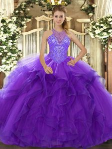Graceful Purple Ball Gowns Organza High-neck Sleeveless Beading and Ruffles Floor Length Lace Up 15th Birthday Dress