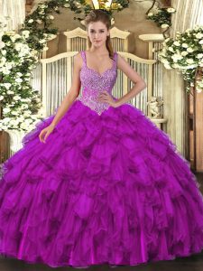Purple Lace Up Straps Beading and Ruffles Sweet 16 Quinceanera Dress Organza Sleeveless
