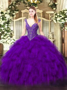 Low Price Floor Length Purple Quinceanera Dresses V-neck Sleeveless Lace Up