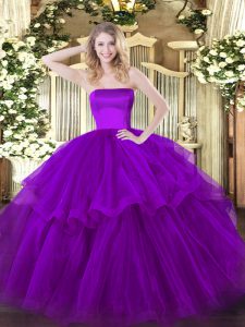 Smart Brush Train Ball Gowns Sweet 16 Dresses Purple Strapless Tulle Sleeveless Zipper