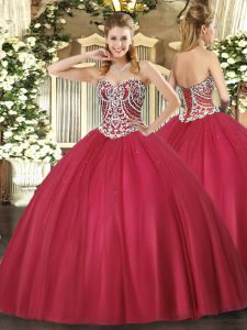 Delicate Red Sweetheart Lace Up Beading Sweet 16 Dresses Sleeveless
