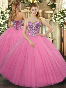 Deluxe Rose Pink Sleeveless Beading Floor Length 15th Birthday Dress