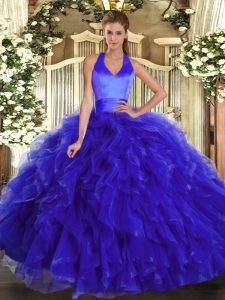 Latest Royal Blue Ball Gowns Ruffles Quince Ball Gowns Lace Up Organza Sleeveless Floor Length