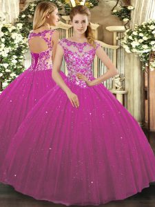 Ball Gowns Quince Ball Gowns Fuchsia Scoop Tulle Cap Sleeves Floor Length Lace Up