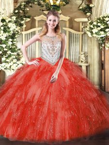 Scoop Sleeveless Quinceanera Dresses Floor Length Beading and Ruffles Coral Red Tulle
