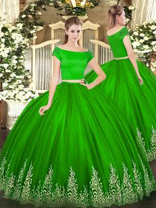 Customized Floor Length Zipper Quinceanera Gown Green for Military Ball and Sweet 16 and Quinceanera with Appliques