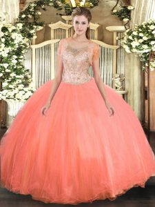 Watermelon Red Tulle Clasp Handle Quinceanera Gown Sleeveless Floor Length Beading