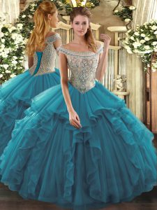 Off The Shoulder Sleeveless Tulle Vestidos de Quinceanera Beading and Ruffles Lace Up