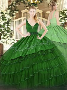 Wonderful Dark Green Straps Zipper Beading and Embroidery and Ruffled Layers Quinceanera Gown Sleeveless