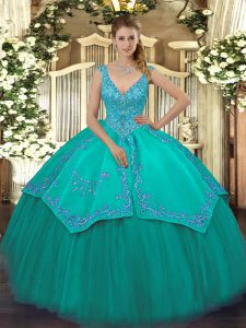 Floor Length Ball Gowns Sleeveless Turquoise Quinceanera Gowns Zipper