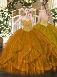 Colorful Gold Lace Up Quinceanera Gown Beading and Ruffles Sleeveless Floor Length