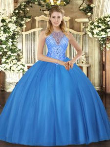 Trendy Baby Blue Sleeveless Floor Length Beading Lace Up Sweet 16 Dresses