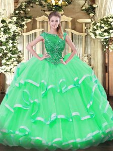 Apple Green Ball Gowns Scoop Sleeveless Organza Floor Length Lace Up Beading and Ruffled Layers Sweet 16 Dresses