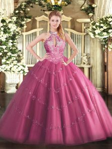 Hot Pink Ball Gowns Lace and Appliques Quinceanera Dress Lace Up Tulle Sleeveless Floor Length