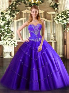 Purple Ball Gowns Beading 15 Quinceanera Dress Lace Up Tulle Sleeveless Floor Length