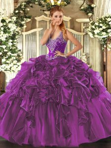 Fantastic Sleeveless Floor Length Beading and Ruffles Lace Up 15th Birthday Dress with Eggplant Purple
