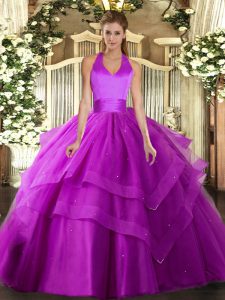 Halter Top Sleeveless Tulle Vestidos de Quinceanera Ruffled Layers Lace Up