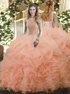 Graceful Peach High-neck Lace Up Beading and Ruffles and Pick Ups Quinceanera Dress Sleeveless
