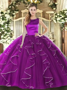 Sleeveless Tulle Floor Length Lace Up Sweet 16 Dresses in Eggplant Purple with Ruffles