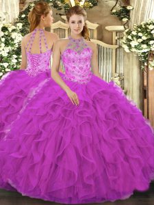 Suitable Fuchsia Sleeveless Floor Length Beading and Embroidery and Ruffles Lace Up Quinceanera Gown