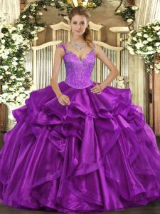 Latest Purple Sleeveless Beading and Ruffles Floor Length Vestidos de Quinceanera