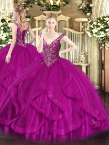 Best V-neck Sleeveless Lace Up Sweet 16 Dress Fuchsia Tulle