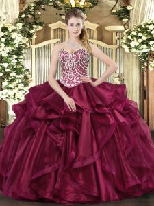 Luxury Wine Red Sleeveless Floor Length Beading and Ruffles Lace Up Quince Ball Gowns