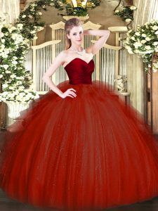 Floor Length Wine Red 15th Birthday Dress Tulle Sleeveless Ruffles